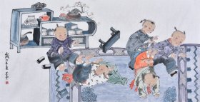 【真迹~带合影】当代实力画家 墨云老师手绘臻藏级人物画作品《童趣图》RW1044，四尺全开（136×68厘米）