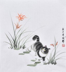 【九年老店，六千好评】【100%纯手绘字画】当代实力花鸟画家唐老师国画作品《猫趣图》HN12357