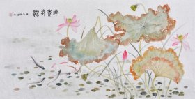 【带合影，保证真迹】当代实力画家张老师纯手绘珍藏级花鸟画荷花作品《连年有余》HN14809