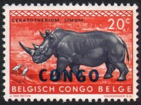 刚果1960年野生动物保护犀牛加盖CONGO刚果Belgisch Congo Belge比属刚果刚果民主共和国刚果（金）