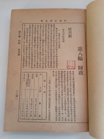 民国罕见版 财政 财用、国债、租税 有中央和地方财政状况，中央内债外债概要，内国银行短期借款、国民政府内债、庚子赔款、地方内外债概要、国家与地方收入之划分、国税关税、盐税、盐法、酒税、各省酒产销实况税费定律旺淡月份一览表、酒商登记、棉纱火柴水泥统税条例、地方税、契税营业税、公司注册商标注册等等大量内容 内容完整原书分册