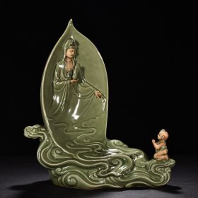 宋龙泉窑梅子青釉童子拜观音46.5x35厘米