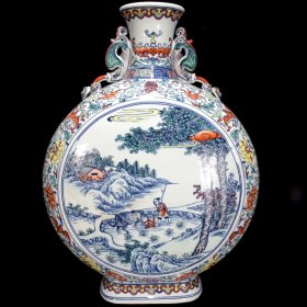 清雍正青花斗彩农耕图抱月瓶58×42厘米