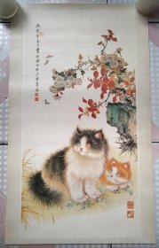 老挂历国画工笔动物画散页1张 双猫图  贾绍瑜 绘