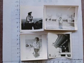 七八十年代.青岛老照片   观海；门牌坊旁；同伴；太阳帽在海边；  4枚