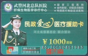 武警河北总队医院【民政爱心医疗援助卡】拥军爱民支持民心工程卡，漂亮威武的女警官向你敬礼图，如图。