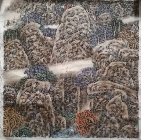 已故著名画家谢定超老师重彩山水托片作品一幅（122保真）