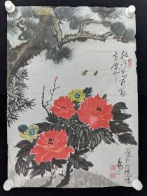 书画家 赵树青（寿石）作 国画作品《牡丹松竹》一幅（纸本软片，画心约3平尺，钤印：赵树青、寿石书画、春常在）HXTX256437