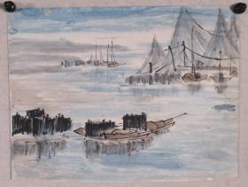 【同一来源】中国社会科学院考古研究所高级工程师、画家 张心石（无署款）作 国画作品《渔港之夜》一幅（纸本托片，画心约27*19CM）HXTX334945