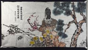 佚名集体创作国画作品《苍鹰高瞻图奋起、松竹菊梅共迎春》一幅（纸本软片，尺寸：95*176cm）HXTX385787