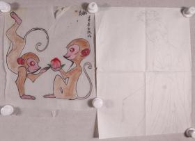佚名 1992年作 国画作品《设色双猴献桃、白描仕女图》二幅一组（纸本软片，画心约1.3平尺+1平尺）HXTX230085