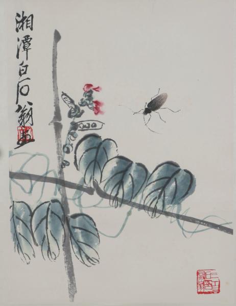 木板水印《齐白石 扁豆天牛》（纸本横轴，画芯尺寸：45*34cm）HXTX382969