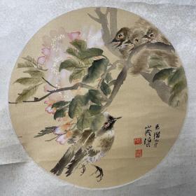 六七十年代上海书画社木板水印《任伯年海棠白头翁》绢本一轴，品相上佳