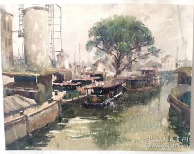 水彩画《河畔》