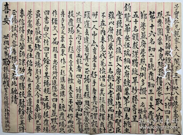 清写本：【励振骧致张阜成信札】一通一页，励振骧，谱名孝諴，字听和，号昂云，浙江鄞县人，励炯子。光绪二十三年  举人，中举时年已五十九岁，遂不复进取，居家从教，以正义教授乡村子弟，鞠躬一德。对老儒者和易近人，对贫疾者又施常药。衣冠小人见他也悚然生敬。年八十余岁终。品相如图，尺寸：32.2X23.5CM。