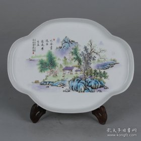 粉彩山水纹 海棠异形茶盘