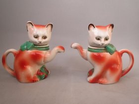 红绿彩小招财猫猫壶一顺对