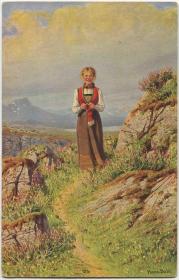 C17早期空白明信片 挪威画家汉斯·达尔绘画 民族服饰的少女与挪威风光CARD