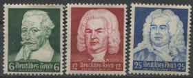 3reich04德国邮票  第三帝国 1936年 音乐家许茨巴赫亨德尔 雕刻版 3全新 DD