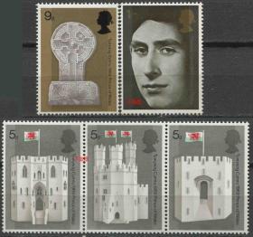 英国邮票 1969年 查尔斯王子册封威尔士亲王 世界遗产卡那封城堡 5全新EUR10 DD