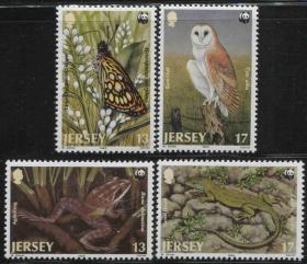 stamp33英属泽西岛邮票 1989年 WWF保护动物 捷蛙仓鸮蝴蝶蜥蜴 4全新DD