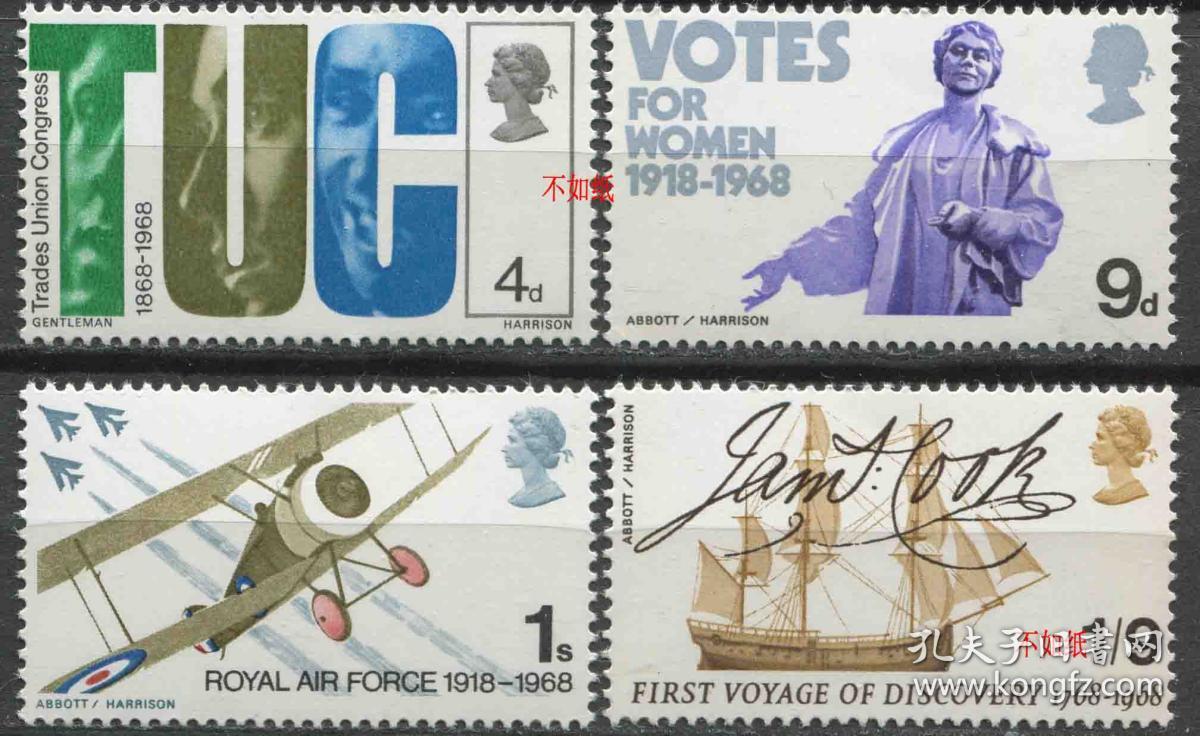 英国邮票 1968年 周年纪念 妇女选举 库克船长首次航行 皇家空军等 4全新EUR13 DD