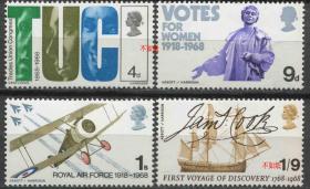 英国邮票 1968年 周年纪念 妇女选举 库克船长首次航行 皇家空军等 4全新EUR13 DD