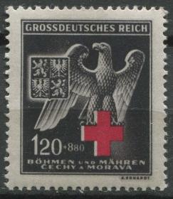 reich03德国 德占波西米亚和摩拉维亚邮票 1943年 红十字 1全新背粘纸纤维 DD