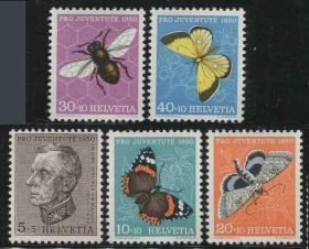 stamp35瑞士邮票 1950年 儿童福利基金 名人和昆虫 蝴蝶 5全新DD