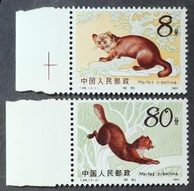 T68 紫貂 原胶全新全品2全带左边（T68邮票）动物邮票
