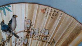 早期出版社旧藏溥涧“临宋人真迹”花鸟成扇书画作品照片。