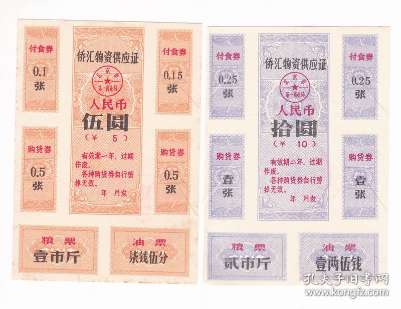 北京市侨汇物资供应证 两枚 各有四处作废剪口 保真老票证收藏