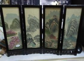 中国绢屏 纯手工绘画的 绢画四扇屏桌屏8张画各不相同  请见图片
