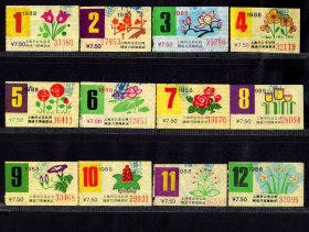 ［ZH-05］上海市公交公司月票缴款证7.50元/隧道线1988年12全套票（3380/各种装饰花卉图案）/背无揭薄，5.3X3.2厘米。