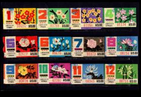 ［ZH-05］上海市公交公司月票缴款证/徐闵线15.00元/1986年已使用12张全套/（各种花卉图案）0414/背无揭薄，5X3.2厘米。