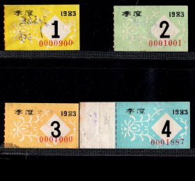 ［ZH-02］苏州公交公共汽车职工季票缴款凭证/1983年4全套（0900），4.3X2.6厘米。