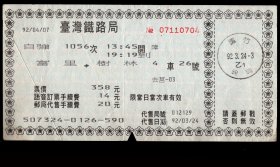 ［ZXA-S13-06］台湾铁路局/语音订票邮局代售火车票/富里自强1056次至树林（0704）2003.04.07票价358元/销芦竹锦兴邮局2003.03.24邮戳/左边有折痕，17X8.5厘米。