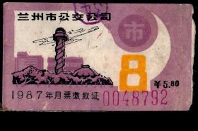 ［ZH-02］兰州市公交公司月票缴款证市区5.80元/1987年8月8792（东方红广场兰州科学宫图案）/背好不附图，5.5X3.1厘米。