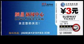 ［DG-右北京地铁］北京地铁车票无副券（04）56-5（0989）/网易新闻中心关注您的关注/城市治安黑镜头小偷…，14.5X6.2厘米。