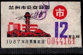 ［ZH-02］兰州市公交公司月票缴款证市区5.80元/1987年12月4161（东方红广场兰州科学宫图案）/背好不附图，5.3X3.1厘米。