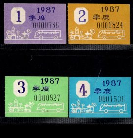 ［ZH-02］苏州公交公共汽车职工季票缴款凭证/1987年4全套（苏州虎丘塔图案）0786，4.5X3厘米。