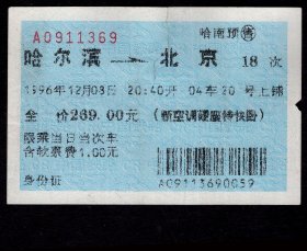 ［蓝底纹软纸火车票01H/站名票/车次票/生日票/趣味票］哈尔滨铁路局/哈南预售哈尔滨18次至北京（1369）1996.12.08/新空调硬座特快卧含软票费1.00元/上边有小撕口已粘补。如果能找到一张和自己出生地、出生时间完全相同的火车票真是难得的物美价廉的绝佳纪念品！