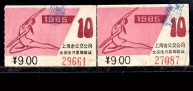 ［ZH-05］上海市公交公司月票缴款证9.00元/龙吴线1985年10月（9661/7087/乧术体操运动图案）共2张/背无揭薄/选购1张5元，5X3.2厘米。