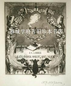 【稀见签名原作】美国黄金时期藏书票五大师之一威廉·福勒·霍普森（William Fowler Hopson）藏书票校样，WILLIAM FOWLER HOPSON signed Ex Libris bookplate: Alexander Wolfgang Mack 1898