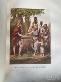 1858年古董英文圣经Holy bible, Christion Jehovah 圣经新旧约,纯牛皮封面，超大开本35X26X9cm, 重约10斤。铜扣黄铜包边硬精装，品相完美。英国哈丁顿福音会部长约翰·布朗注解版，极珍贵稀有版本，约翰·布朗被美国的权威期刊《大西洋月刊》评为影响美国100位人物第78名，包含基督教要理，牧者生平等，以及圣经时代的动植物插图。大量彩色圣经人物故事木版画插图。极品收藏