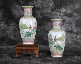 景德镇老厂货瓷器/西莲边手绘孔雀牡丹瓶一对 古董古玩