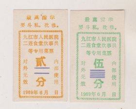 69年九江市人民医院二连食堂炊事员专用菜票一对