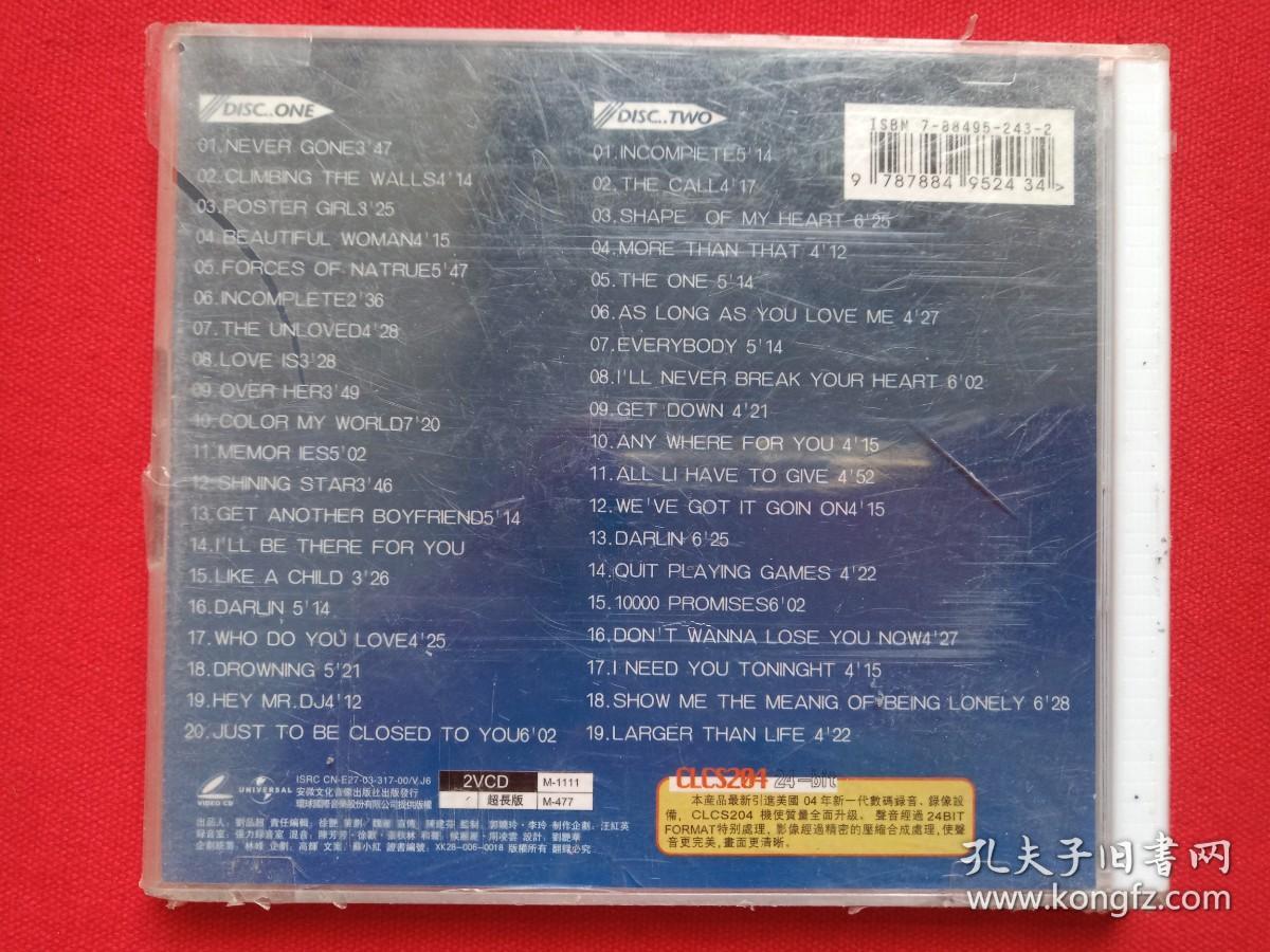 《后街男孩：back street boys:NEVER GONE》塑膜未拆封VCD音乐歌曲光碟、光盘、碟片、专辑、歌碟、影碟2碟片1盒装2003年（环球国际音乐股份，安徽文化音像出版社）