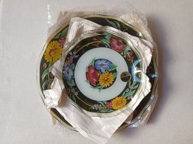 《（申玻 SENIOR GLASS COLTD）高级玻璃花纹彩盘》1980-1990年代左右（水果盘/赏盘）一套一盒装5个合售