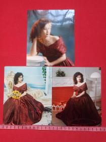 女单身照片第68--《红裙卷发美女》大幅艺术彩色老照片、老影集、老相片、老像片3张合售约1990年代（得缘于昆明）